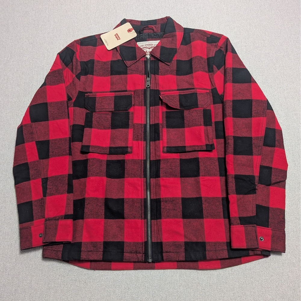 Levi's Men's Full Zip Quilted Flannel Shirt Jacket Red Black Buffalo Plaid Size